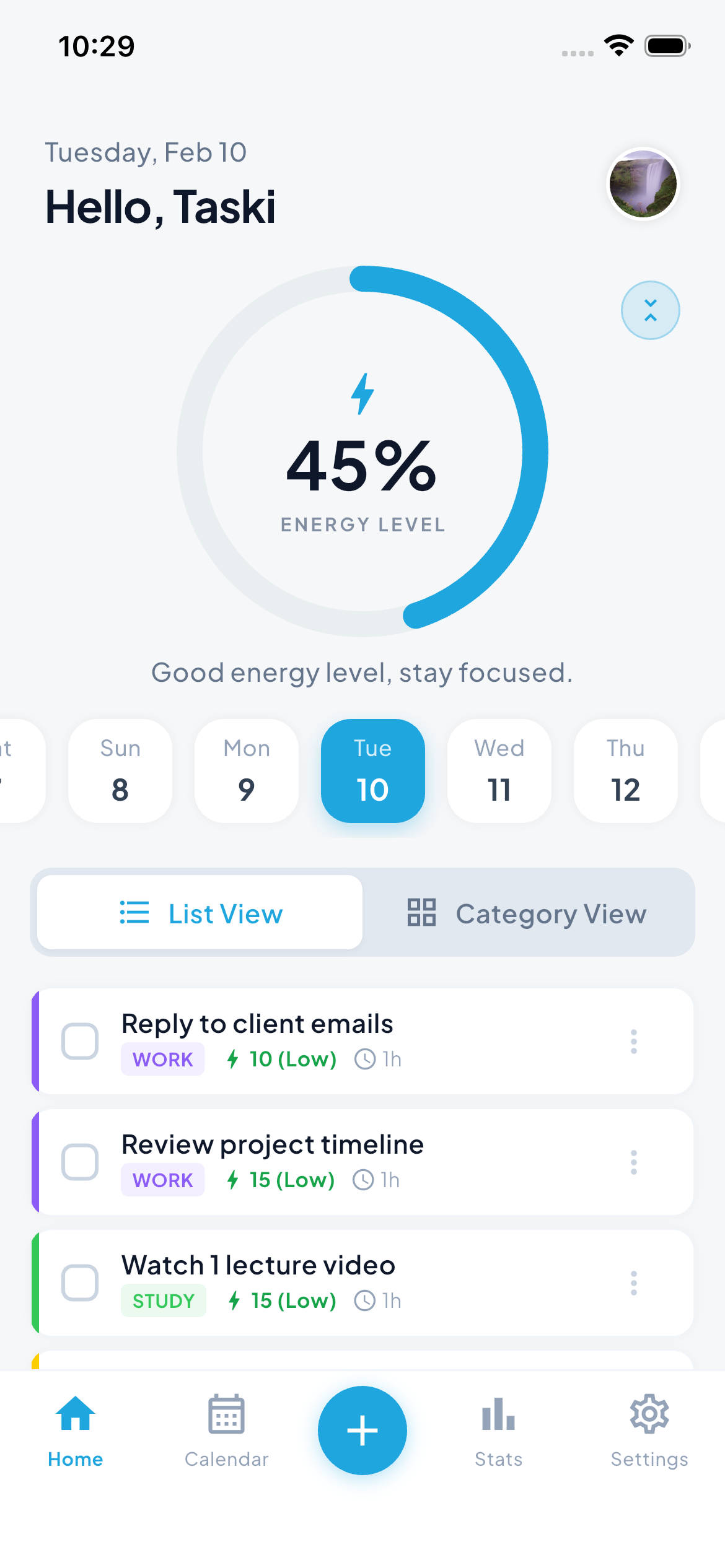 Boostive Todo Main - Energy gauge and task list