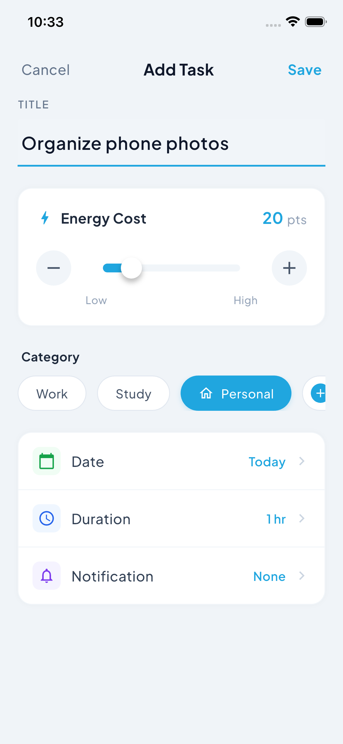 Boostive Add Task - Assign energy cost to tasks